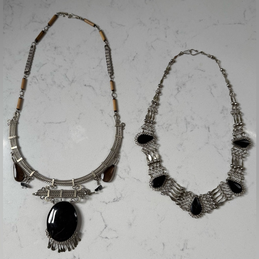 Vintage Peruvian Alpaca Silver Onyx Necklaces & Earrings